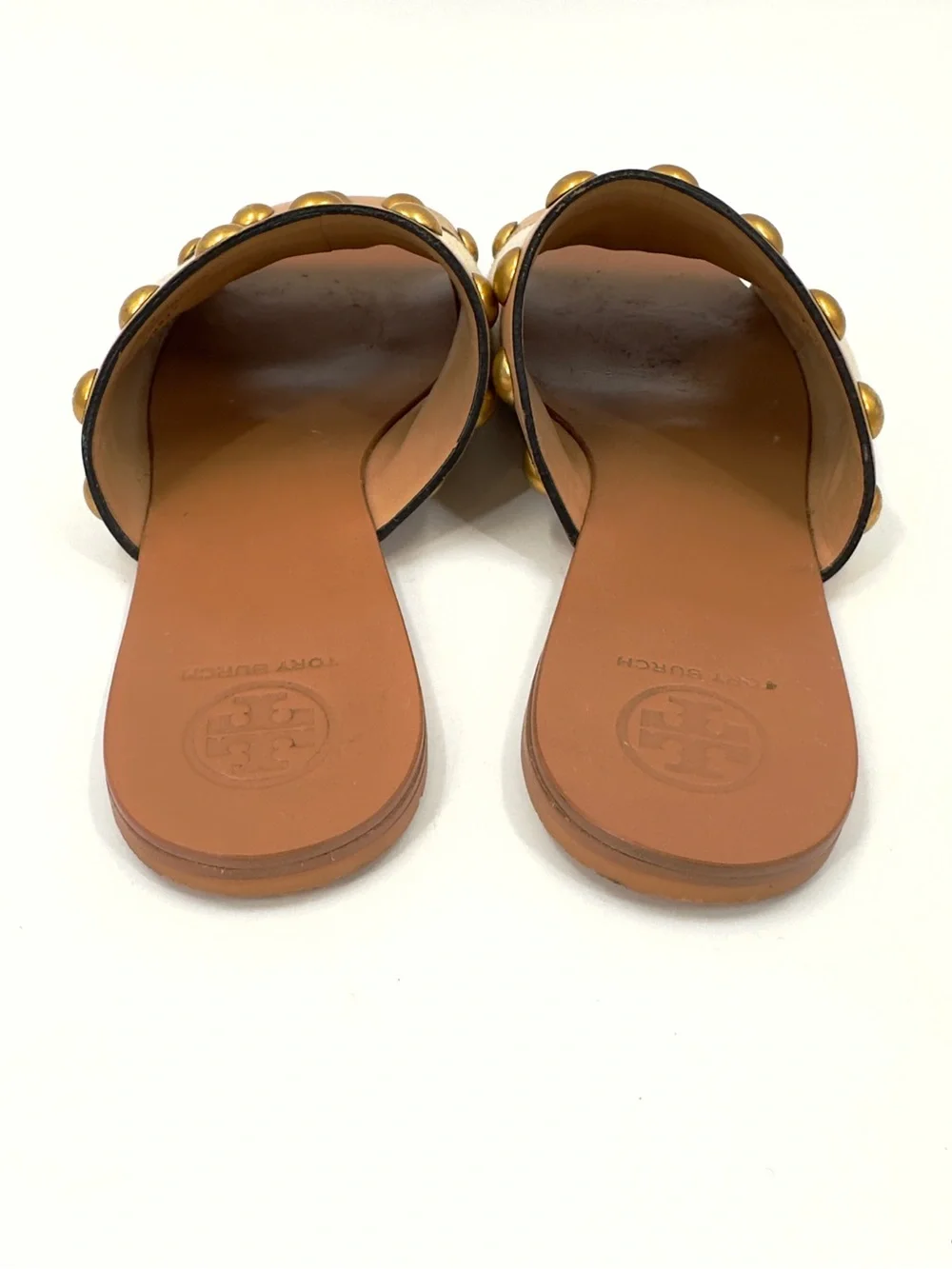 Tory Burch Blythe Slide Sandals Size 6 Neutral Tan Leather Gold Studded Beachy